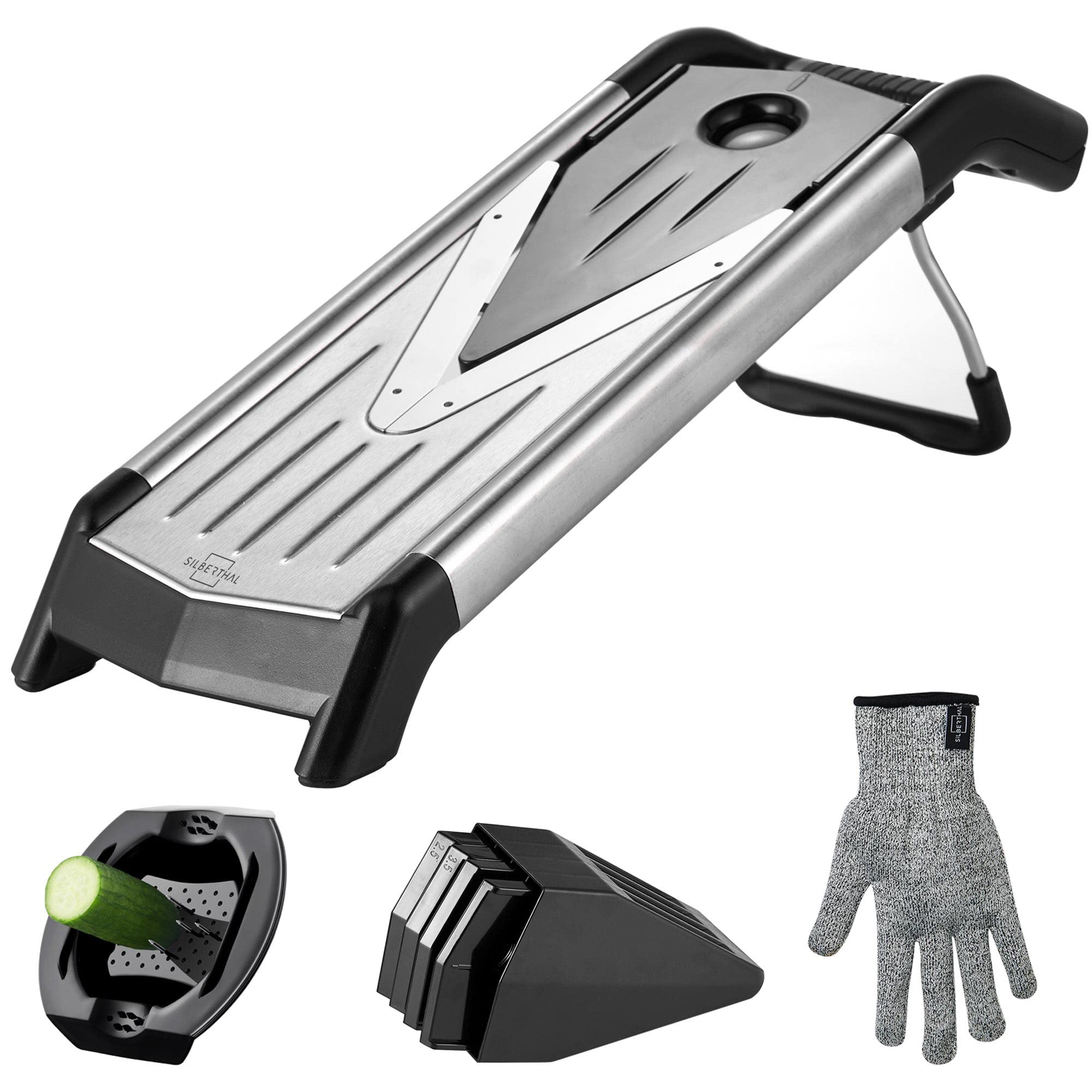 Mandoline vegetable slicer - V-slicer with inserts - Sharp blade - Space-saving storage