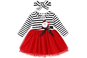 MAMAMI 2PCS Toddler Baby Girl Christmas Dress Cotton Long Sleeve Santa Prints Christmas Princess Tutu Dress+Headband 6M-6T