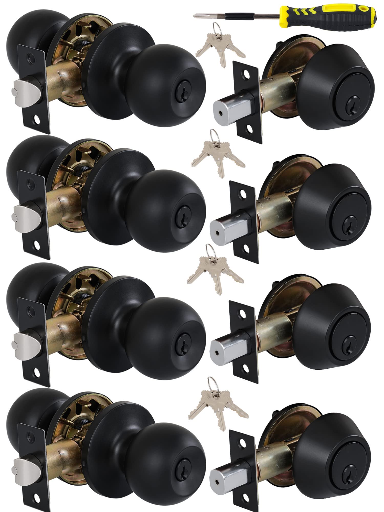 Photo 1 of Lanwandeng (4 Sets) All Keyed Same Entry Knobs&Single Cylinder Deadbolt for Exterior Front Doors, Round Ball Matte Black Finish Entry Door Lock with Same Keys
