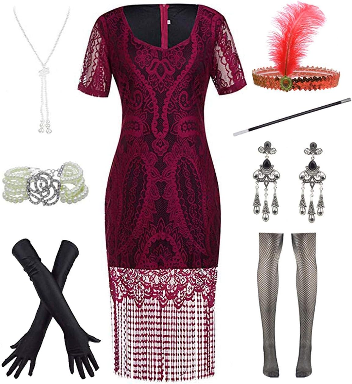 Womens Vintage Lace Fringed Gatsby 1920s Cocktail Dress with 20s Accessories Set