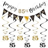 BRT Bearingshui Happy 85th Birthday Triangle Flag Banner Bunting Swirls Streamers Decoration Kit for Birthday Party Decorations Supplies Black and Gold 85th