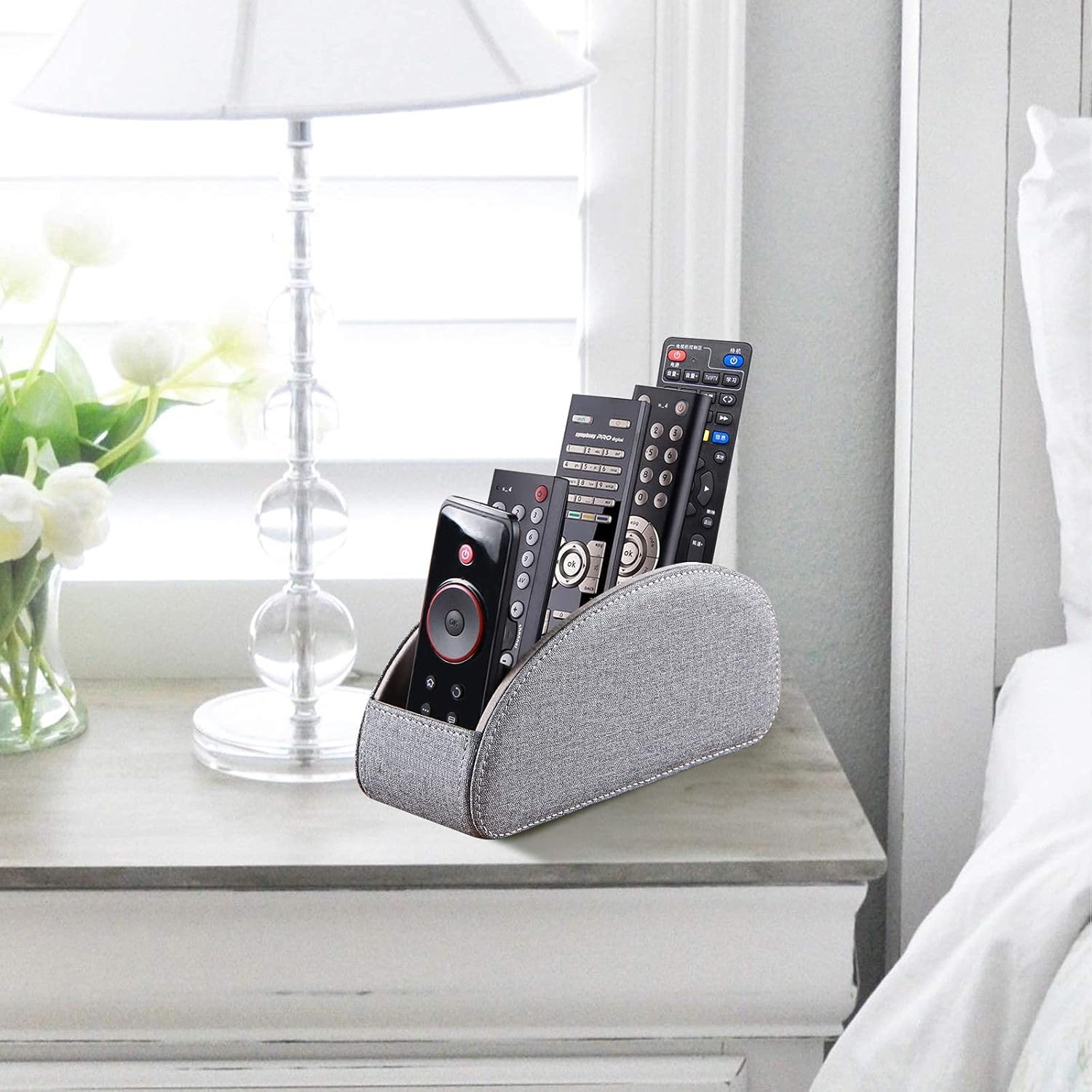 TV Remote Control Holder with 5 Compartments, Pu Leather Remote Caddy/Box/Tray Bedside Table Desk Storage Organizer for DVD, Blu-Ray, Media Player, Heater Controllers and Cosmetics Office Supplies : Office Products