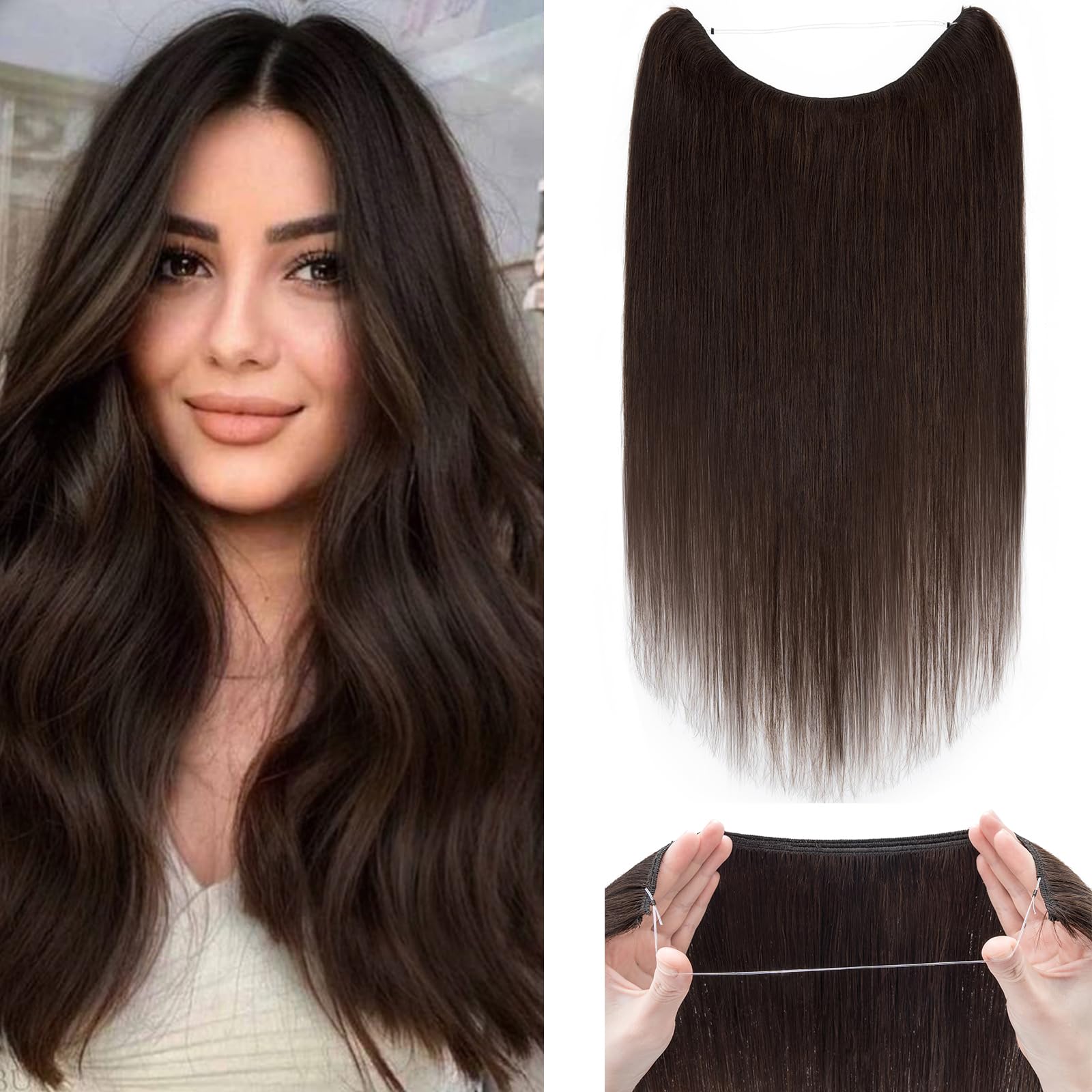 Silk-co 16inch #02 Dark Brown Silk-co Secret Wire In Hair Extensions 100% Real No Clip Invisible Remy Human Hair One Piece Natural Invisible Secret Wire on Hairpiece