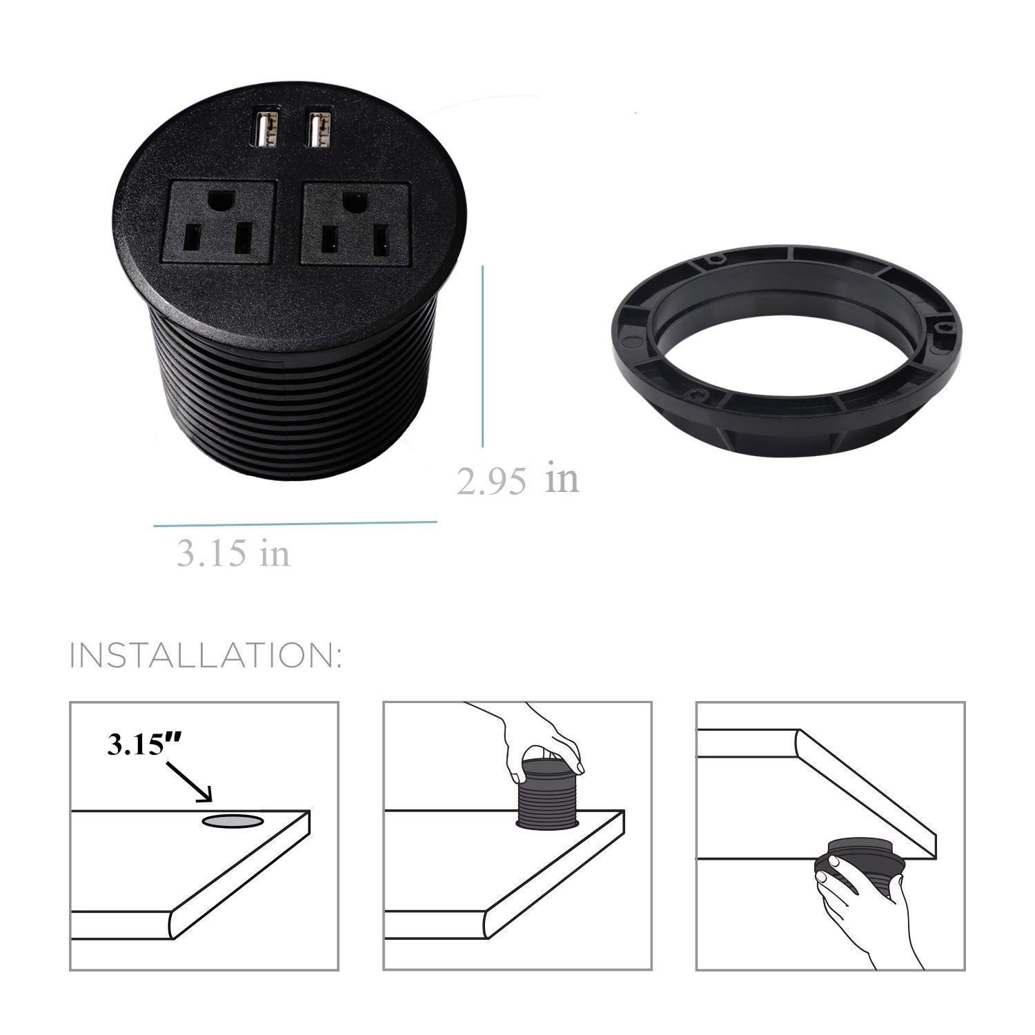 Leopardprintfans Desktop Power Outlet Hidden Power Grommet with 2 USB Charger and 2 Power Socket,Desk Hole Grommet Outlet with 6ft Extension Power Cords (Black)
