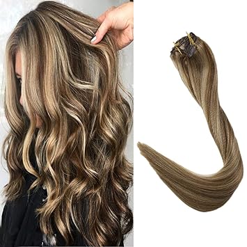 Full Shine 18 Inch Highlight Hair Extensions Color 10 Golden Brown Highlight With 16 Remy Human Hair Extensions Clip Hair 9 Pieces Per Set Double