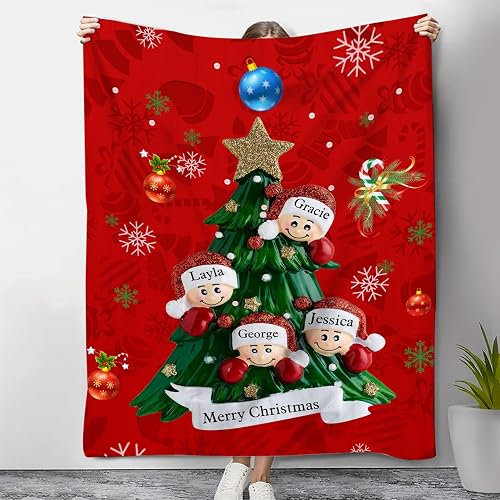ALBERTBAND Personalized Flannel Blanket with 2-6 Names - Custom Christmas Tree Red Blankets - Christmas Birthday Gifts for Mum Dad Boyfriend Girlfriend Family (4 name)