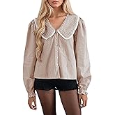 Burtell Striped Button Down Shirts for Women Casual V Neck Long Sleeve Blouse Loose Puff Sleeve Babydoll Tops Business Work