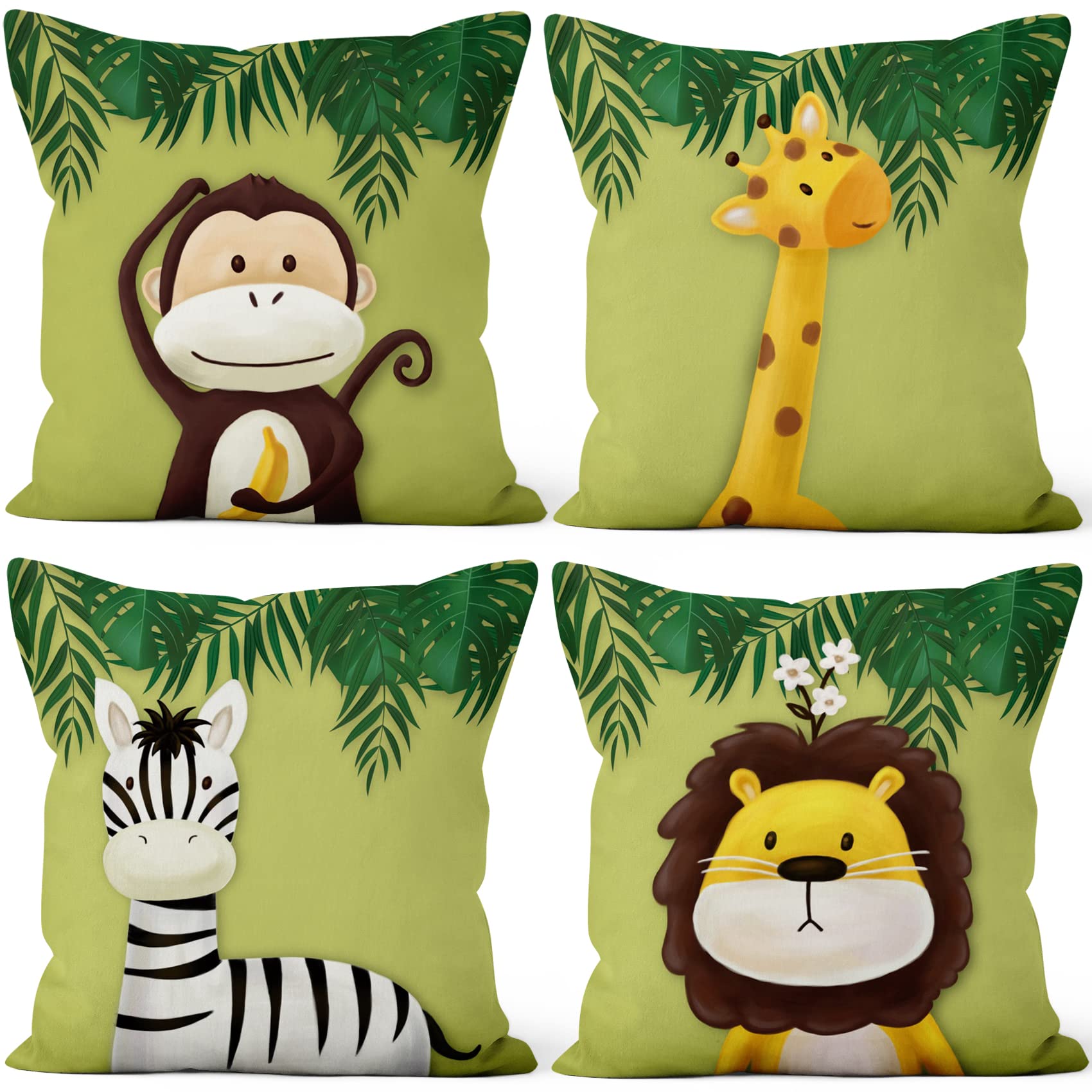 Aoihrraan Cushion Covers 60x60cm Cartoon Animals Pillow Case Home Soft Short Plush Square Throw Pillow Covers, Throw Pillowcases With Invisible Zipper for Sofa Car Bedroom, Pack of 4 (Green)