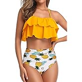 Tempt Me Women Two Piece Swimsuits High Waisted Bikini Teen Ruffle Tummy Control Bottoms Halter Bathing Suits