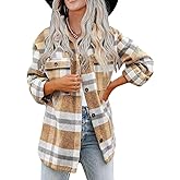 Haellun Womens Wool Blend Plaid Flannel Button Down Shirts Jacket Shacket Coats