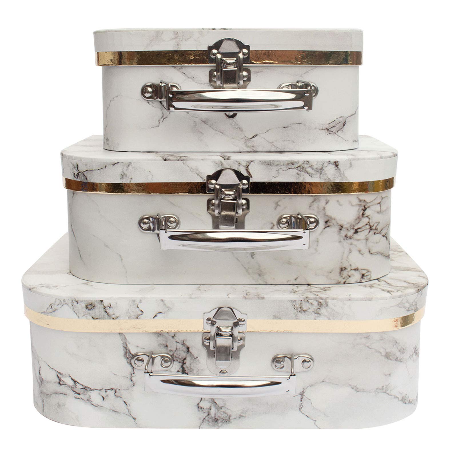 Emartbuy White Marble Storage Suitcase Boxes Set of 3 – Prebuilt Cardboard Style with Metal Handle & Clasp – Modern Organizer for Gifts, Hampers & Décor – 30.2×21.9×9.5/25×18.8×8.8/20.2×16×8.2 cm