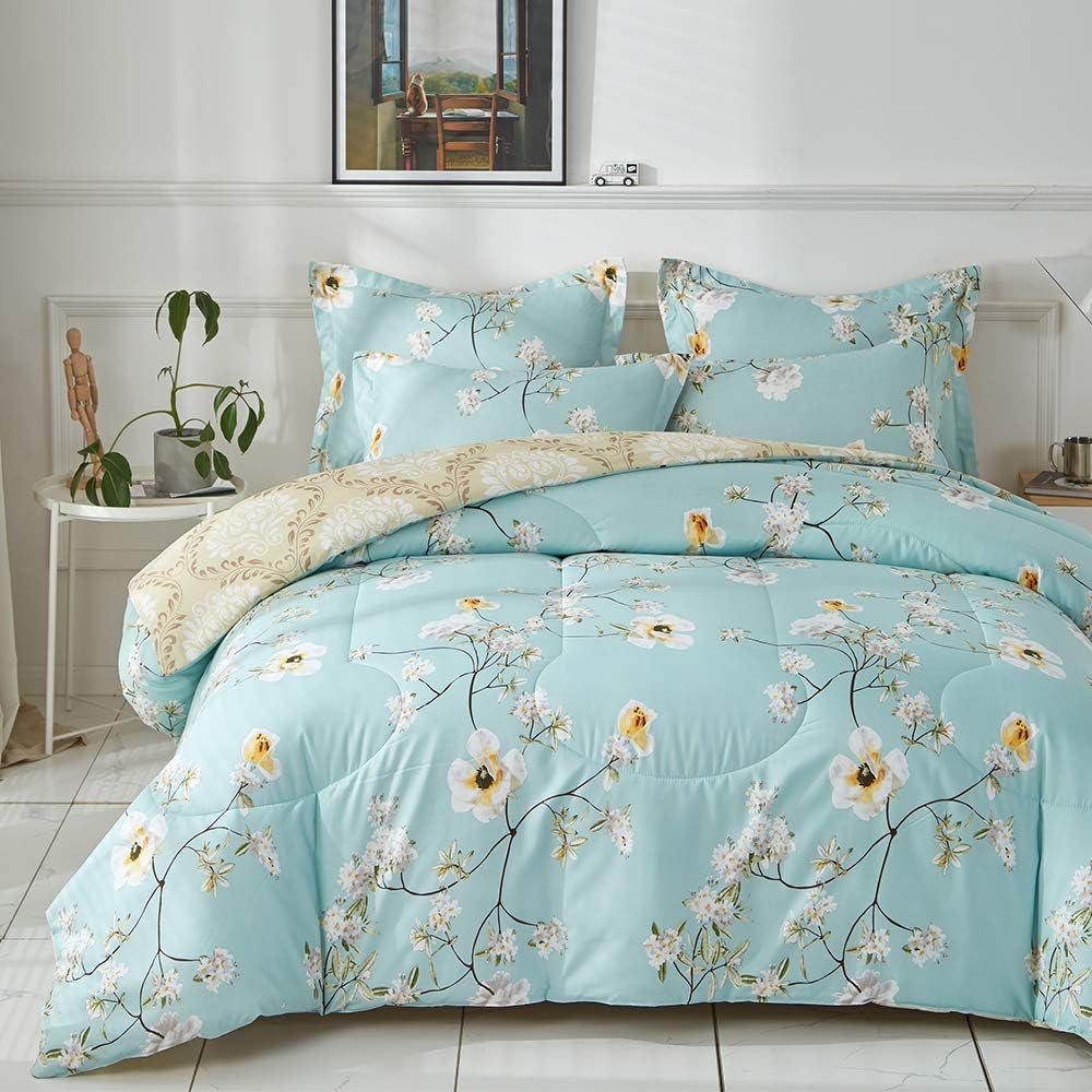 Joyreap 3pcs Floral Comforter Set, Soft Microfiber Comforter for All Season, Elegant White Flower Printed on Blue Reversible Design (King, 102x90 inches): Home & Kitchen