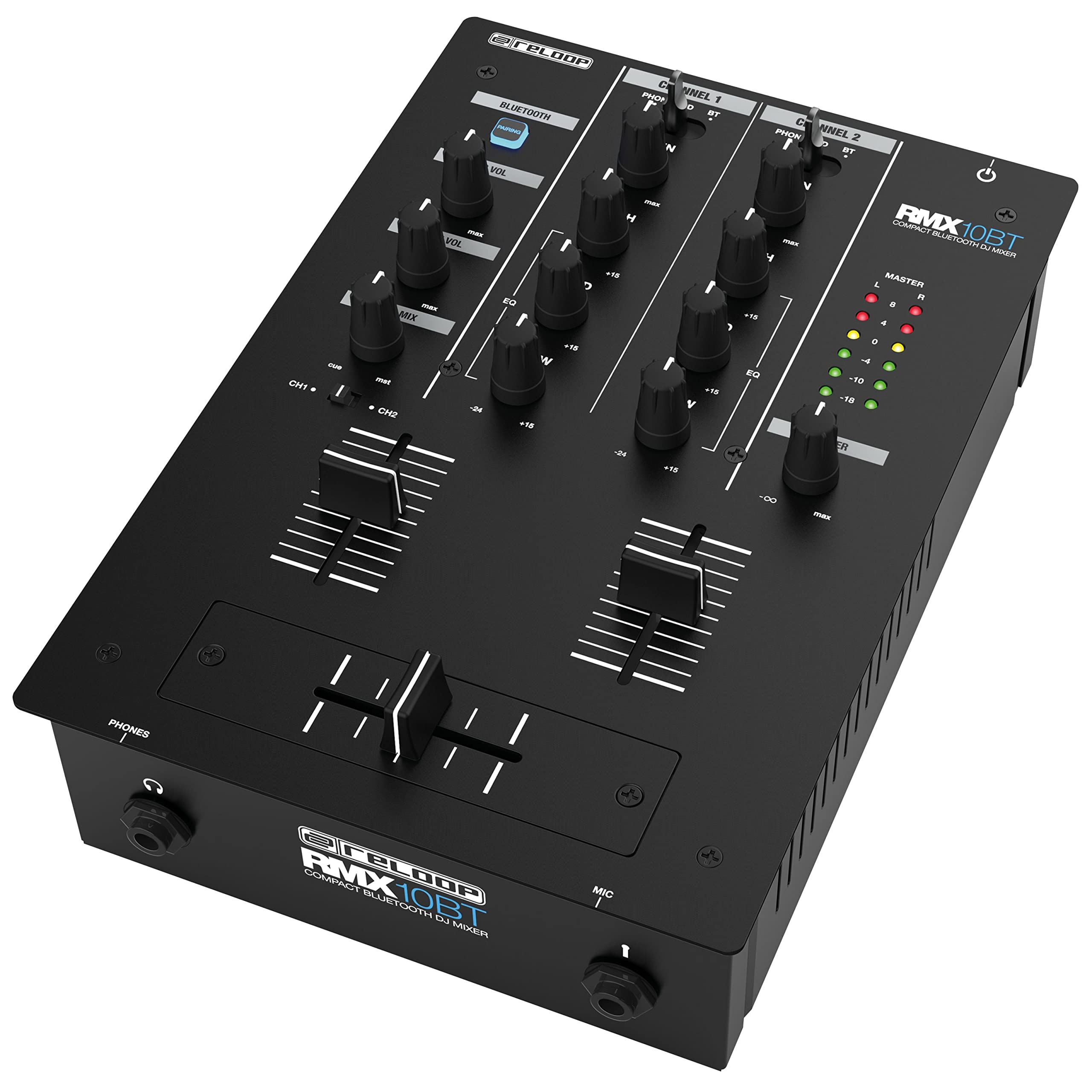 Reloop RMX-10BT 2-channel DJ mixer with 3-band EQ and Bluetooth input for wireless music streaming from your smartphone/tablet directly to your mixer
