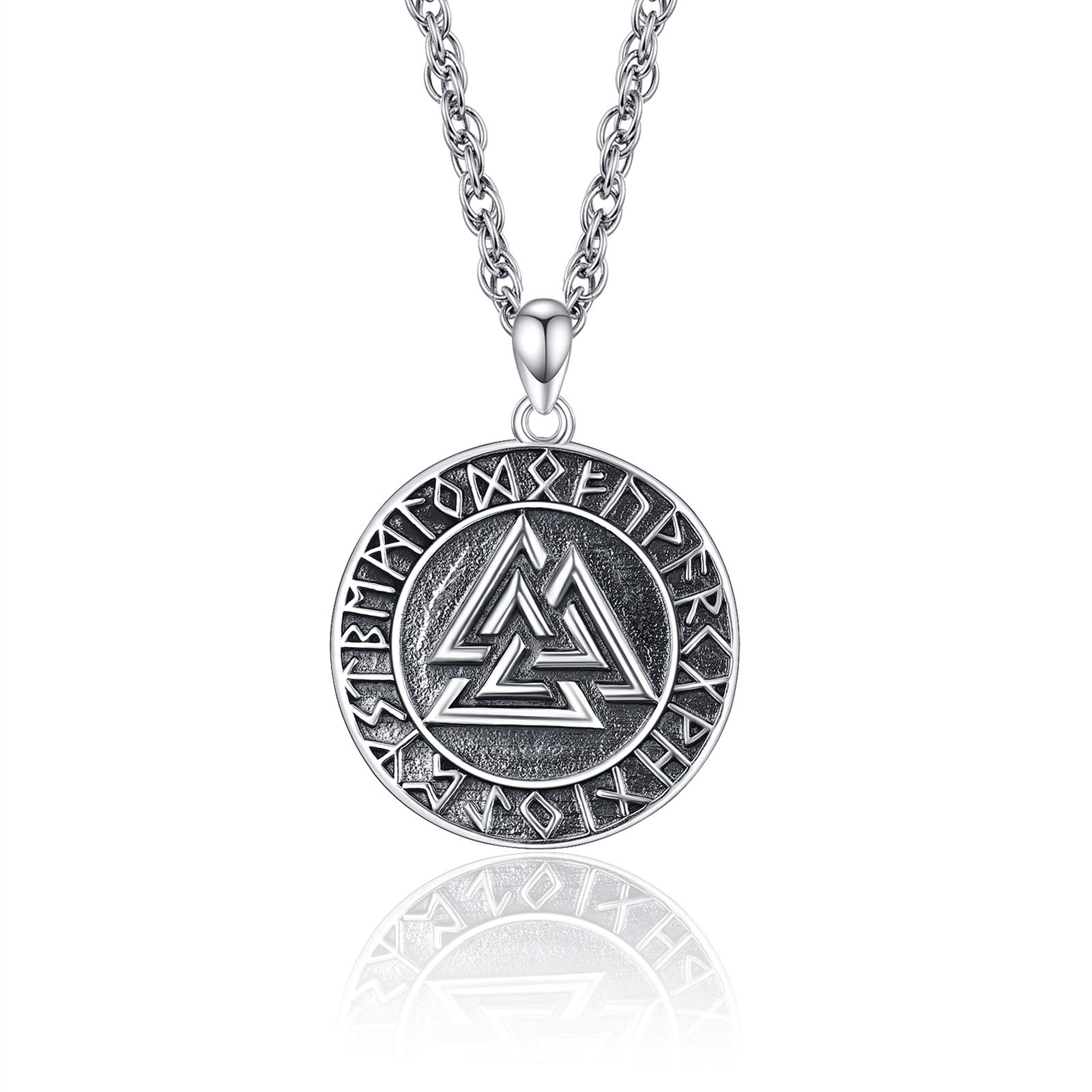 KINGWHYTE Viking Necklace 925 Sterling Silver Odin Symbol Pendant Valknut Norse Viking Amulet Jewellery for Men Women with Stainless Steel Chain 50cm