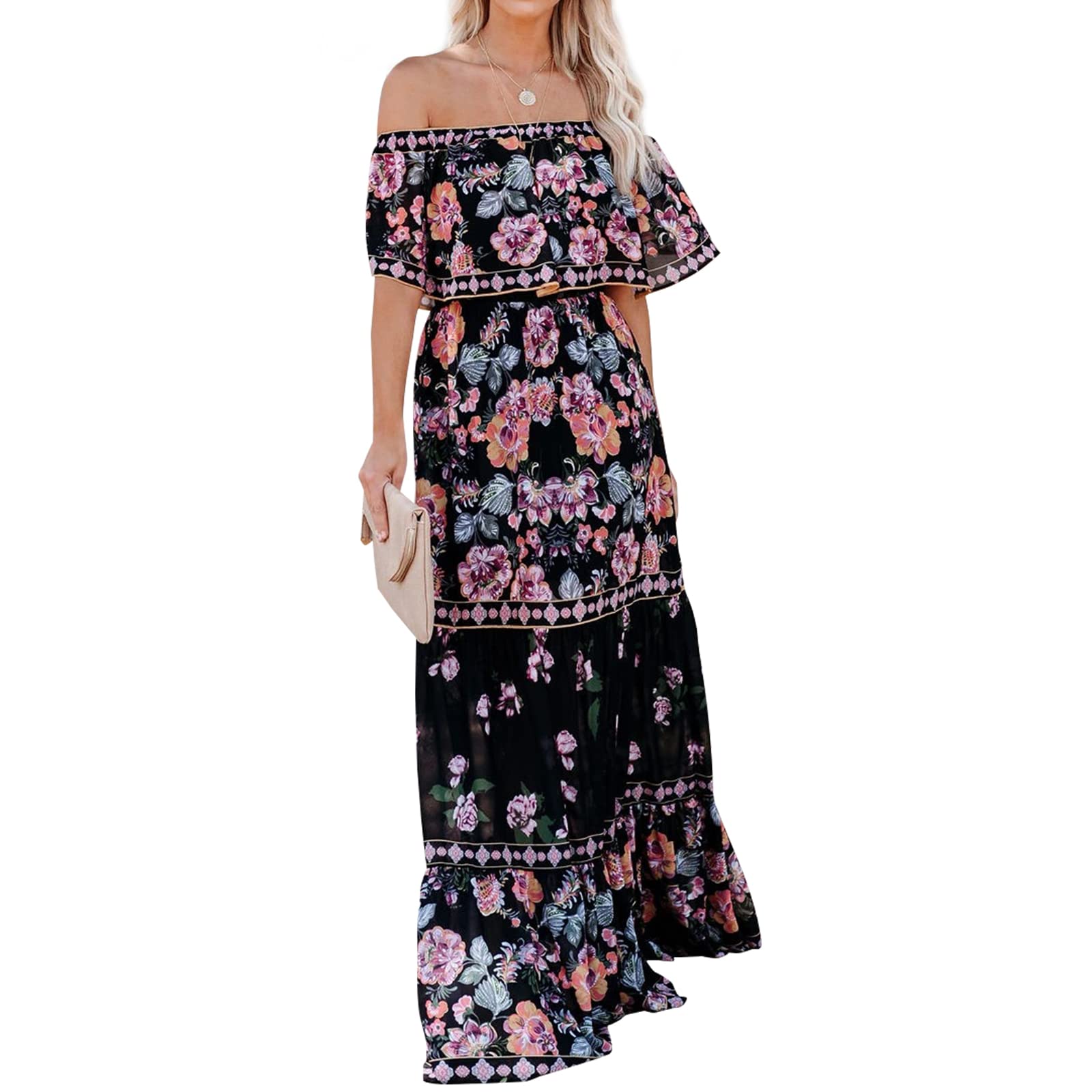 Off-Shoulder Mexican Maxi Dress - Floral Print Summer Boho Dress With Belt For Women