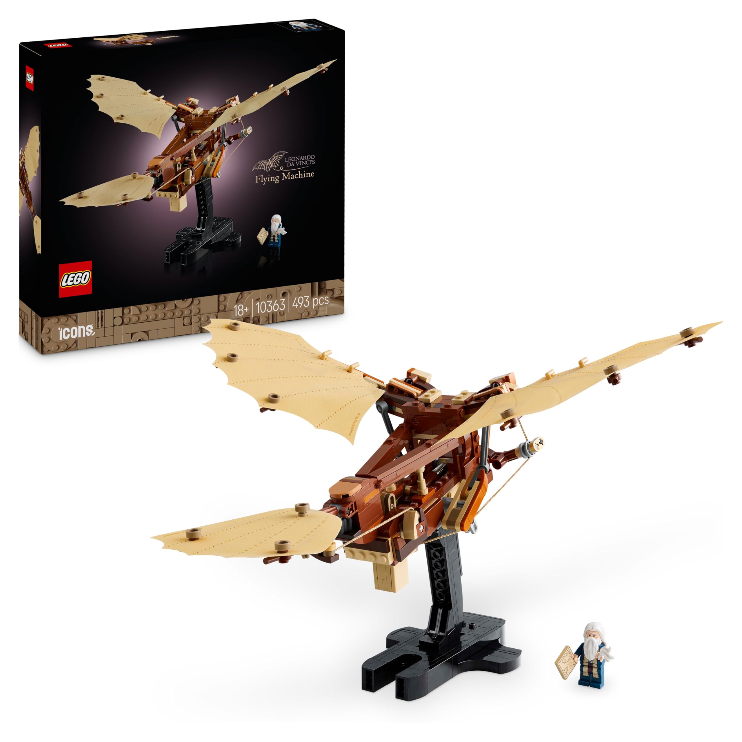 LEGO Icons Macchina Volante di Leonardo da Vinci con Ali Mobili - Include Minifigure e Espositore - Kit Ornitoretto Fai da Te per Adulti - Set di Costruzioni per Arredamento Casa - Idea Regalo - 10363
