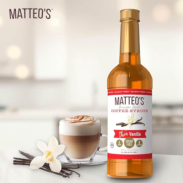 MATTEO’S VANILLA SYRUP FOR COFFEE, LATTES, CAPPUCCINOS & DESSERTS – SUGAR-FREE SWEETENER FOR BEVERAGES, KETO FRIENDLY, ZERO CALORIES, INDULGENT FLAVOR, NON-ALCOHOLIC, IDEAL FOR HOT DRINKS 33.8OZ (1PK)