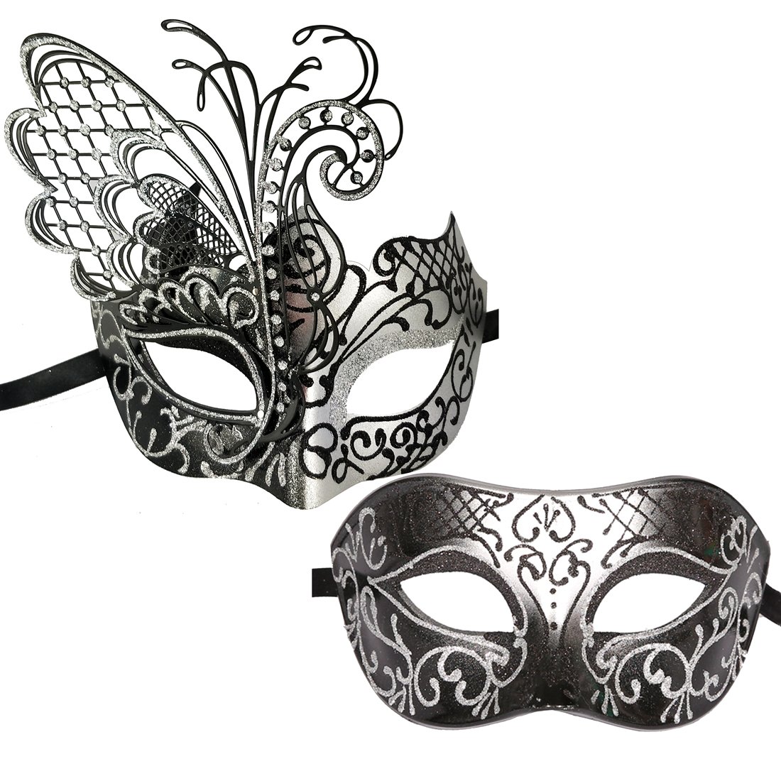 XVEVINA Couples Pair Mardi Gras Venetian Masquerade Masks Set Party Costume Accessory (Black Silver Couples)