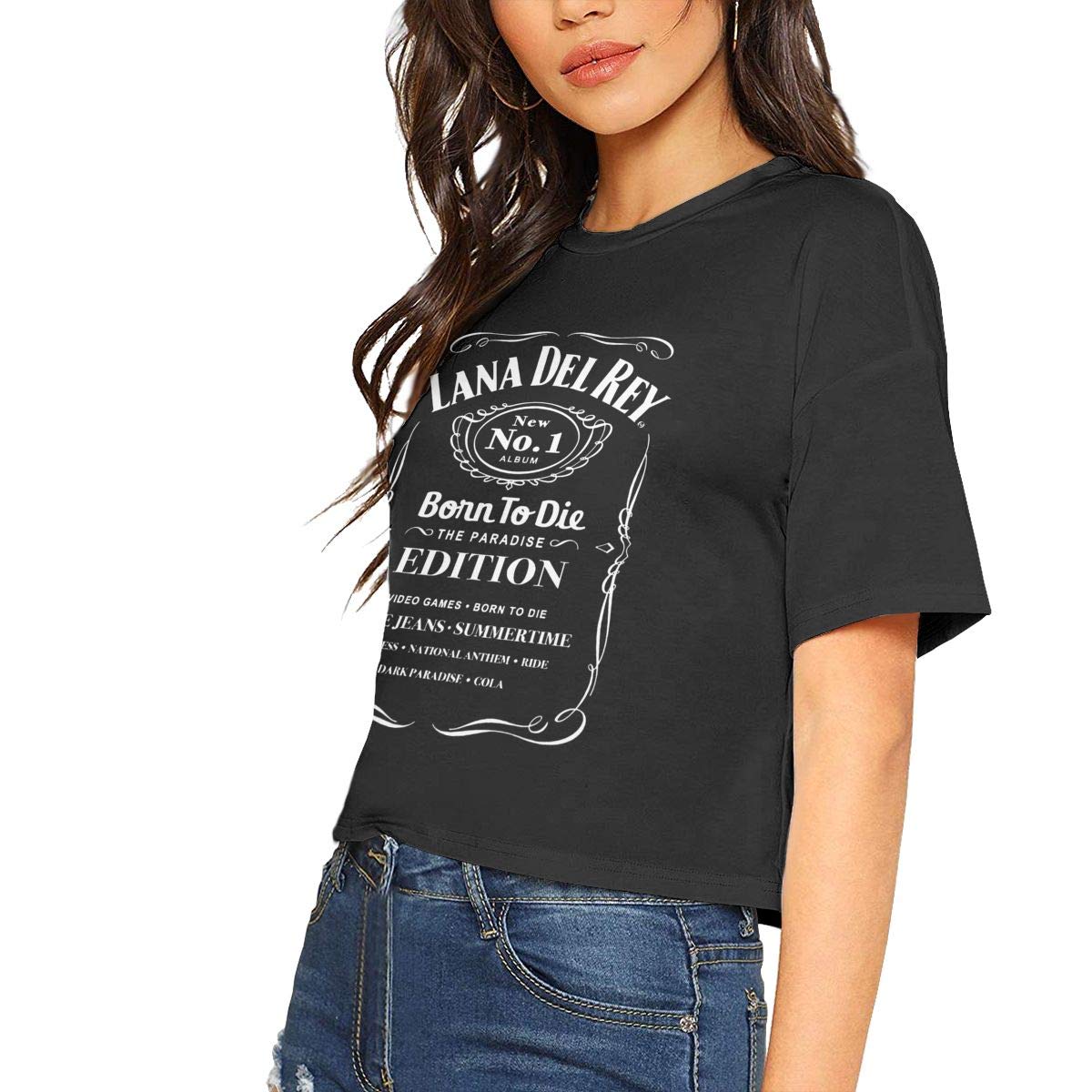 David E Everett Lana Del Rey Womens Crop Top Blouse Dew Navel Tshirt Round Neck Short Sleeve Slub Cotton