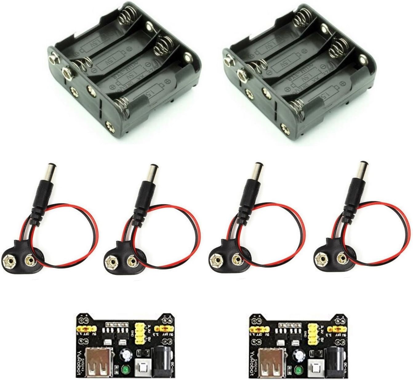 (1 Set) Two 8AA Battery Holders with 9V snap connectors, Four 9V snap connectors with Barrel Jacks, and Two breadboard Power Supplies 3.3V/5V