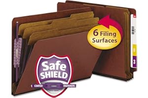 Smead 100% Recycled End Tab Pressboard Classification File Folder with SafeSHIELD Fasteners, 3 Dividers, 3" Expansion, Letter Size, Red, 10 per Box (26865)