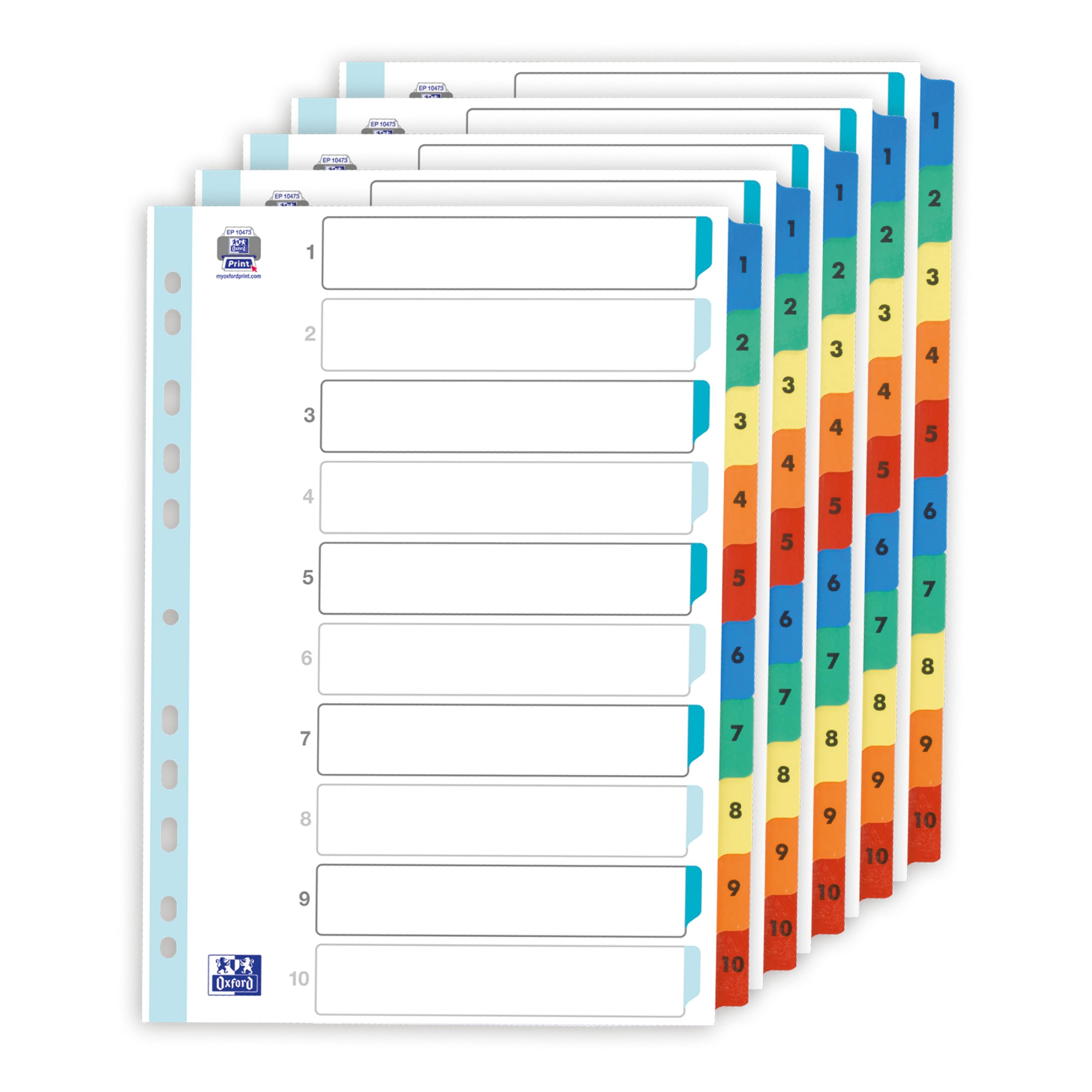 Oxford 5 Pack A4 File Dividers, 10 Part Multi-Coloured Card with Plastic-Coated Tabs, Extra-Wide Design, Reinforced Multi-Punched Spine, 170 GSM Durable Material for Document Organization
