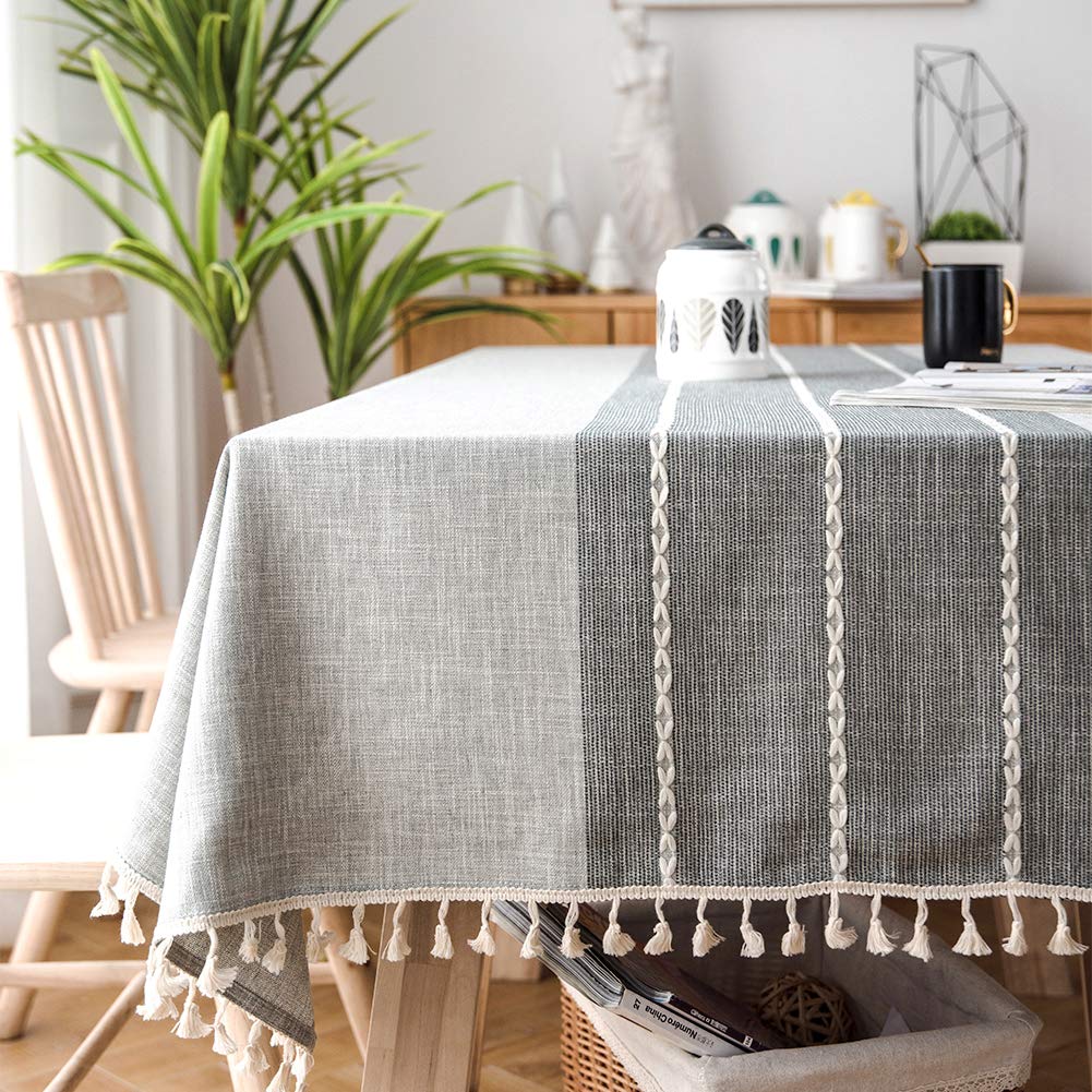 SUNBEAUTY Grey Table Cloths Cotton Linen 140x240 Wipe Clean Tablecloths Rectangular Elegant Tassel Table Cloth for Kitchen Dining Table Decorations - 55x94 inch