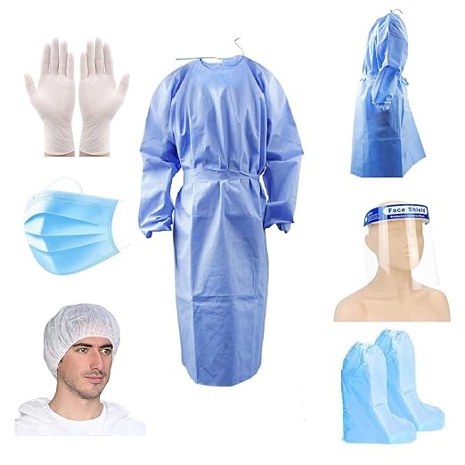 GOHNA 80GSM Disposable Gown with Hand Gloves, Face Shield, 3 PLY Face Mask, Shoe Cover and Head Cover