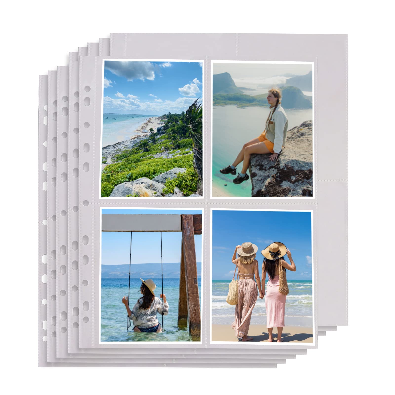 UNQMAG 100 Pack 400 Pockets A6 Photo Sleeves for A4 Ring Binder Albums,10x15cm/4x6inch Postcard Albums Top Loading Sheet Protector Photos Postcards
