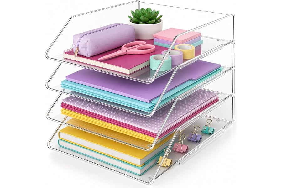 AfoCrei 4 Tier Stackable Acrylic Paper Organizer Letter Tray for Desk | Desk File Organizer, Book Ends, File Organizer, Stackable Design, Letter Size, Acrylic Material