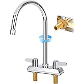 Commercial Bar Sink Faucet,4 Inch Center Deck Mount Utility Sink Faucet, 2 Hole Brass Constructed,Chrome Polished with 7" Gooseneck Spout and 90°Rotatable Dual Lever Handles.