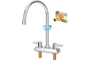 BIETOR Commercial Bar Sink Faucet,4 Inch Center Deck Mount Utility Sink Faucet， 2 Hole Brass Constructed,Chrome Polished with 7" Gooseneck Spout and 90°Rotatable Dual Lever Handles.