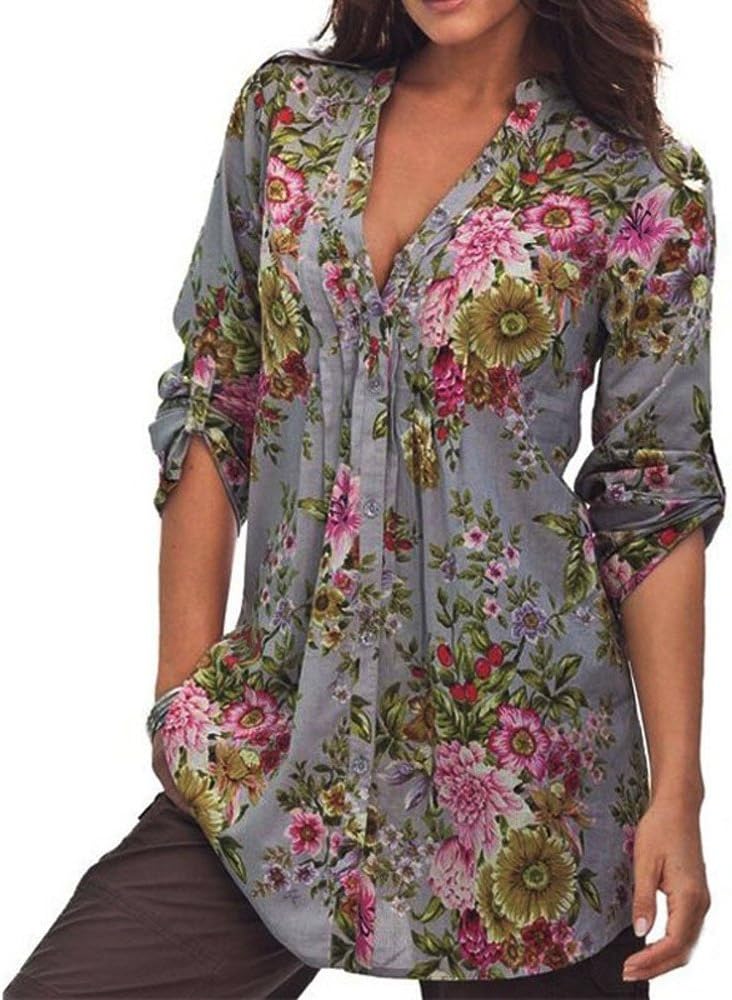 Hansee Women Shirt, Womens Vintage Floral Print Blouse Tunic Cuffed Sleeve Tops Plus Size
