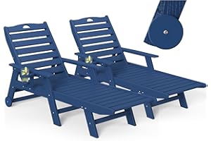 nalone Outdoor Chaise Lounge Chair Set of 2 with Wheels & Cup Holder, HDPE Pool Lounge Chairs with 5-Position Adjustable Backrest Supports Up to 400 LBS for Patio Poolside Deck Beach(Navy Blue)