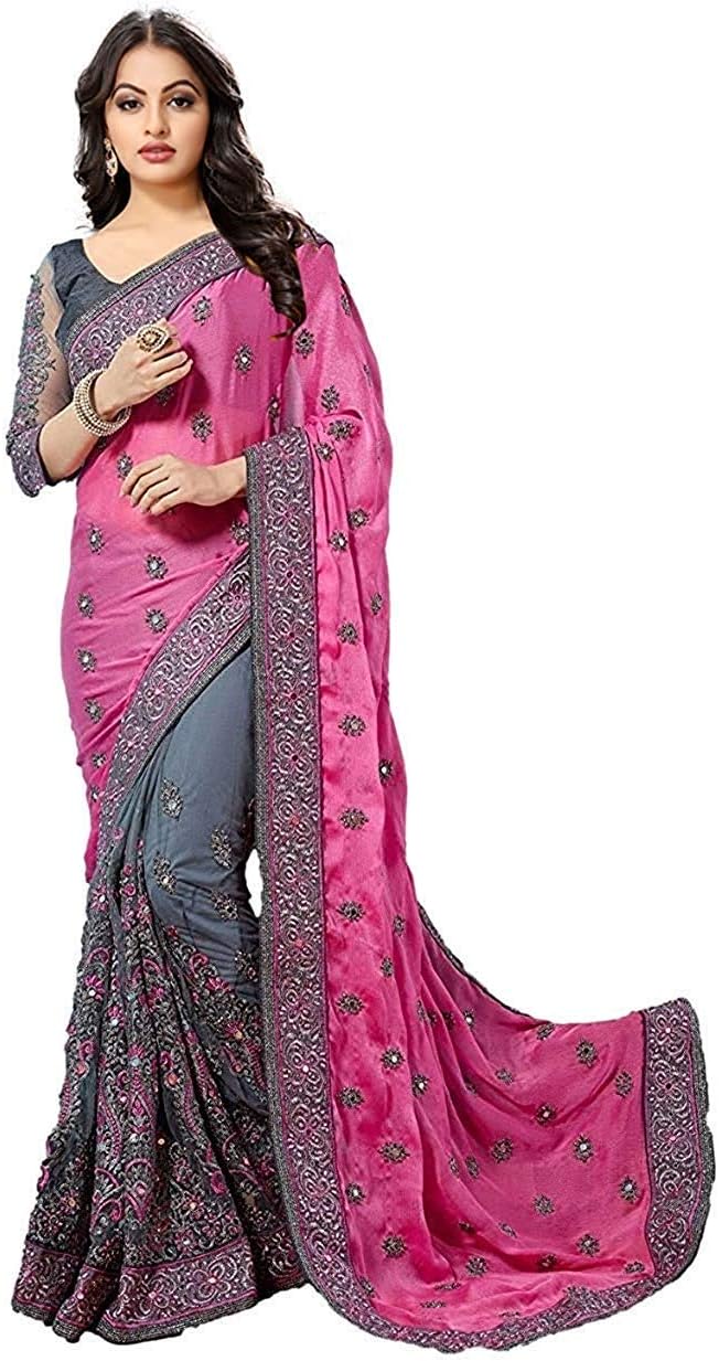 Purvi Fashion Women's Bhagalpuri Georgette Saree With Un-stitched Blouse (9003_Grey_Grey)