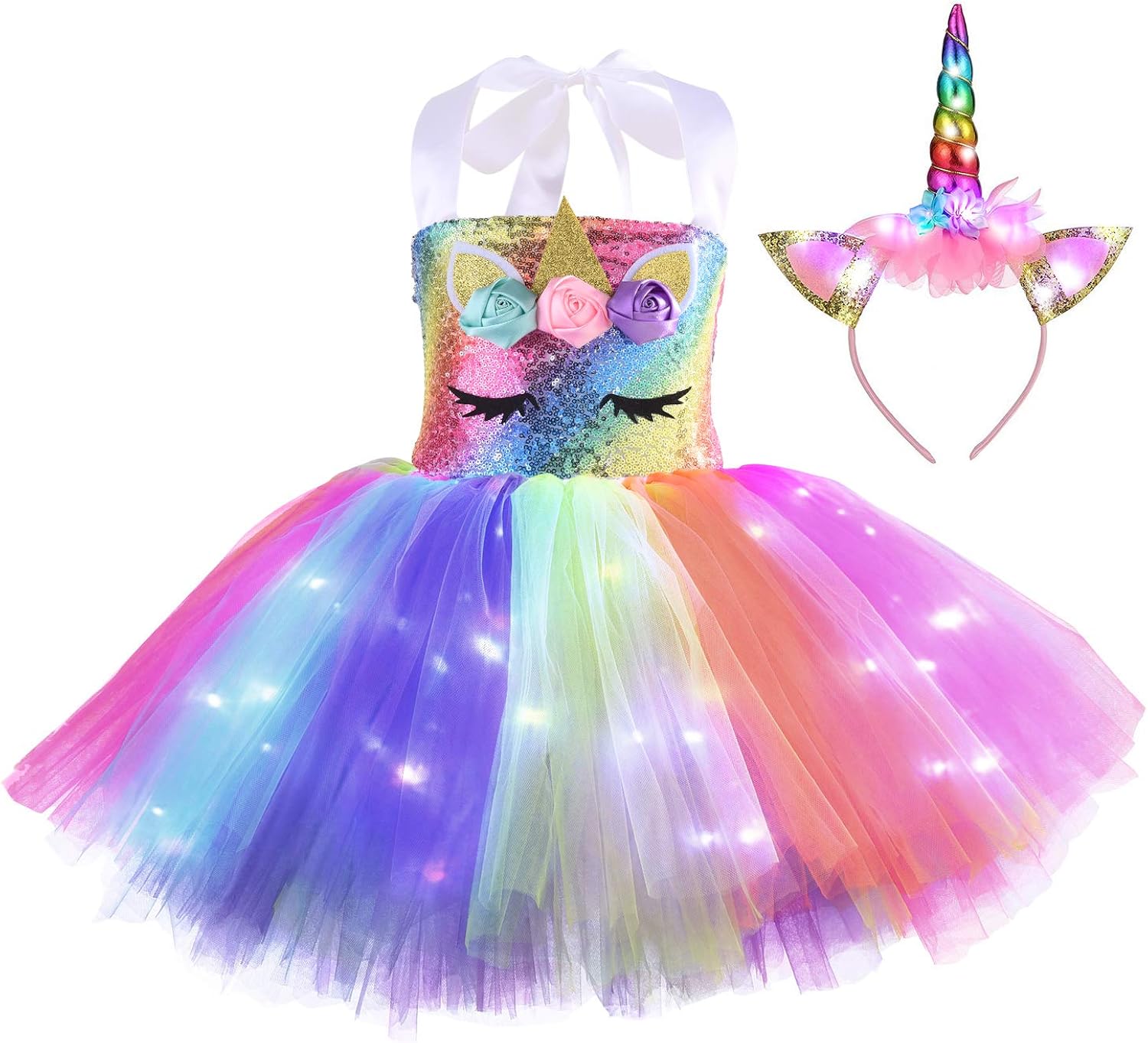 Unicorn Princess Birthday Little Girl Tutu Dress Sequin Lighted Toddler Kids Costume Outfit Party Halloween Headband: Clothing
