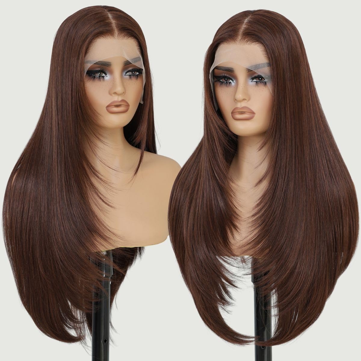 Photo 1 of Synthetic 13x4 Lace Front Wigs Pre Plucked Auburn Wigs For Women Ready to Wear 26 Inch Long Layered Straight Wigs 100% Futura Premium Fiber Wig With Bangs Beginner Friendly Daily Party Use
