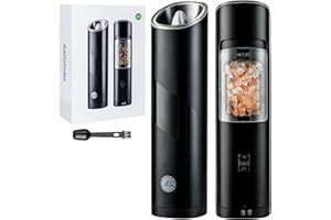 GATGOODS Gravity Electric Salt and Pepper Grinder Set, Adjustable Coarseness, Warm LED Light, One-handed Automatic Operation, Battery Powered, Black, Electric Pepper Mills
