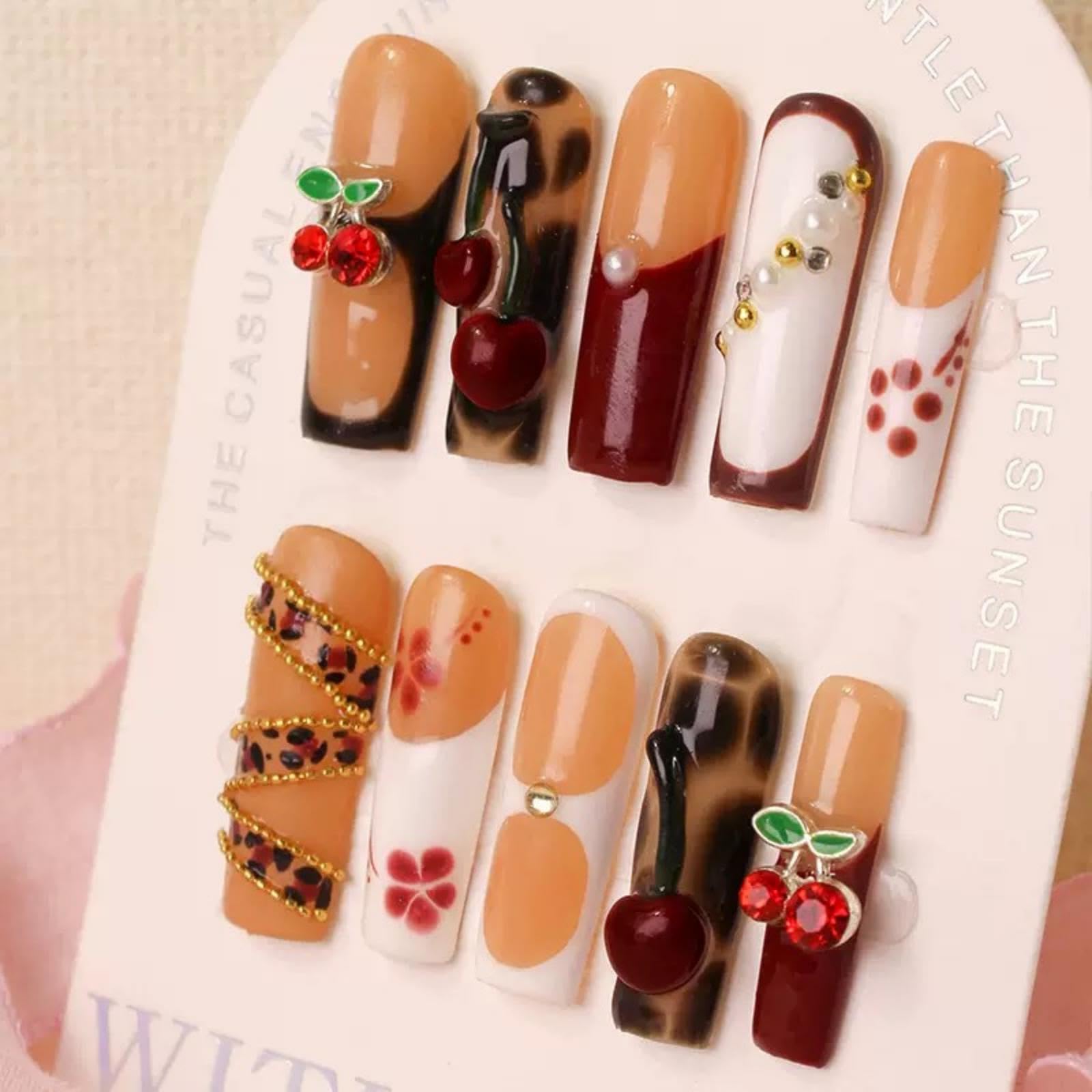 Photo 1 of 100% 5D Handmade Press on Nails with Charms Long Square Nails Press ons- French Tips False Nails Brown Cherry Butterfly Red Charms Press on Nails for Women Girls Daily Wear DIY Manicure Size M