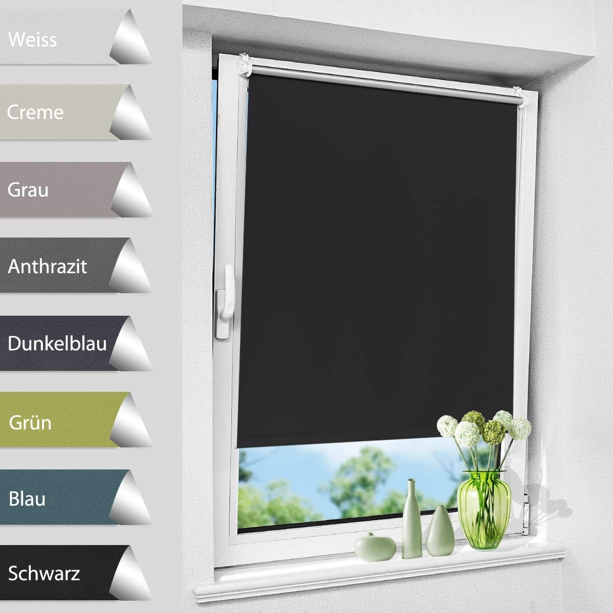 Allesin Blackout Thermal Roller Blinds for Windows Stick on 115 x 150 cm Black Easy Fix Trimmable Translucent Fabric
