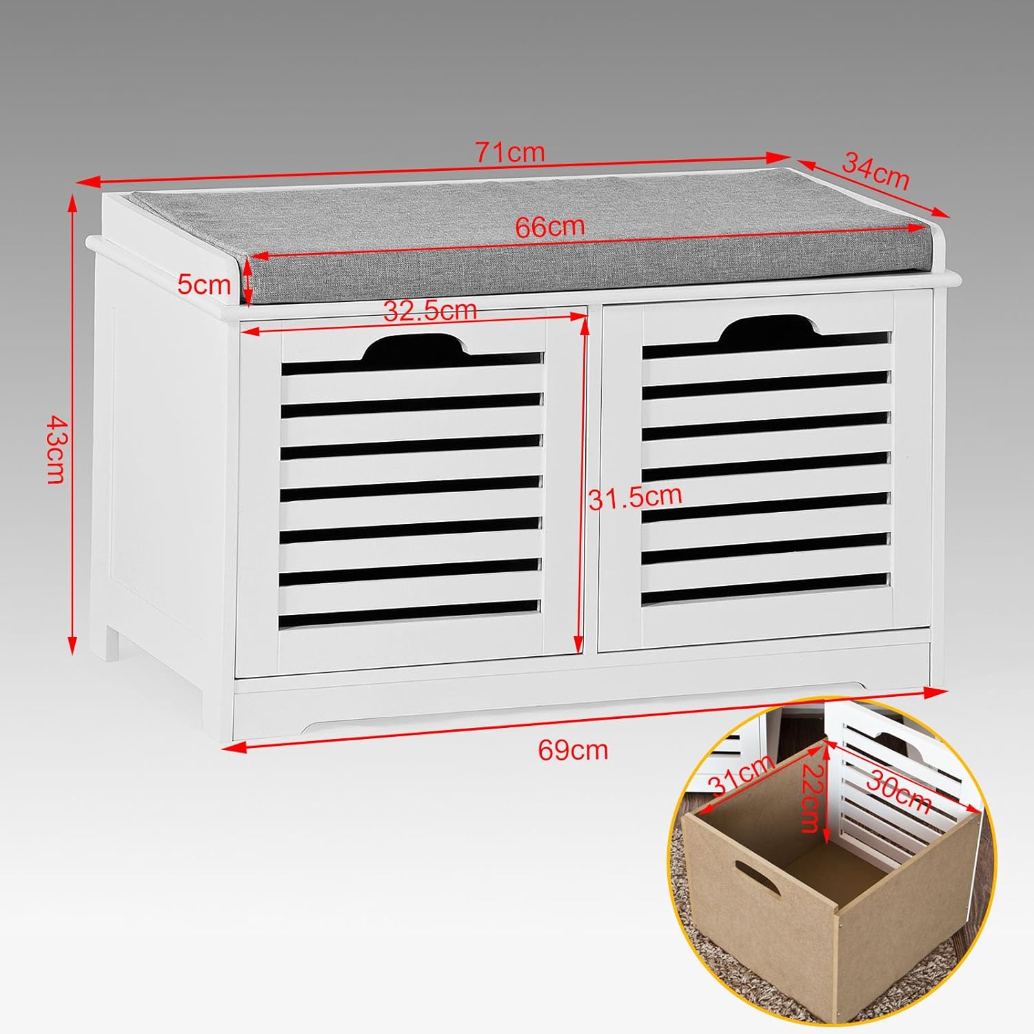 Haotian FSR23-K White Storage Bench with 2 Drawers & Removable Seat Cushion, Shoe Cabinet Shoe Bench (White): Kitchen & Dining
