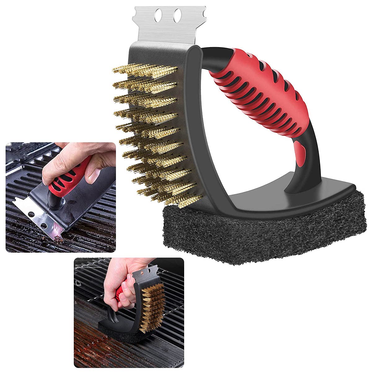 BBQ Grill Brush Barbecue Cleaning Brush 3 In 1 Barbecue Cleaner Tools Steel Scraper Scouring Pad Copper Wire Brush Heavy Duty Grill Cleaning Kit with Heat Insulation Handle (Red-handle)