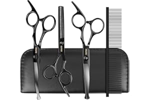 Dog Grooming Scissors Kit with Safety Round Tips, GEMEK Professional 5 in 1 Grooming Scissors for Dogs (Black 5 in 1)