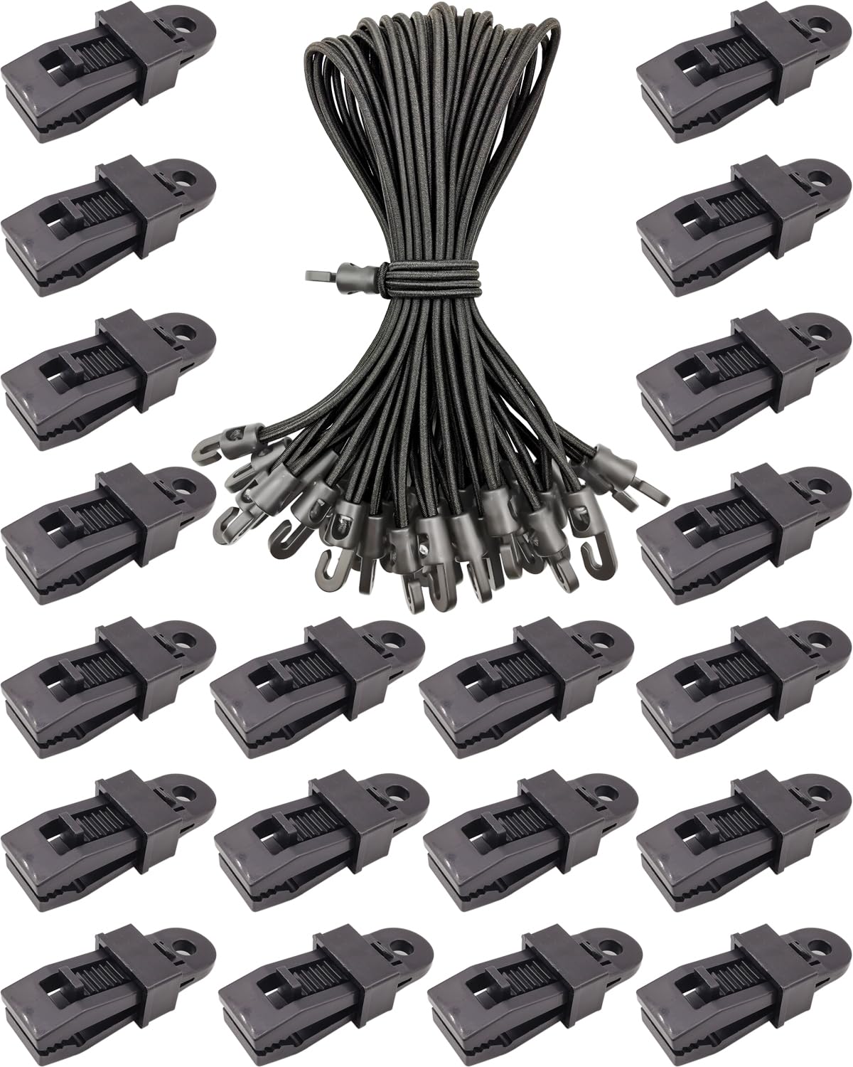 BINCKIN 40PCS Tarp Clips Short Bungee Cords with Hooks, Adjustable Tarpaulin Clip and Hook Bungees, Black Reusable Awning Clips and Bungee Cord with Hook