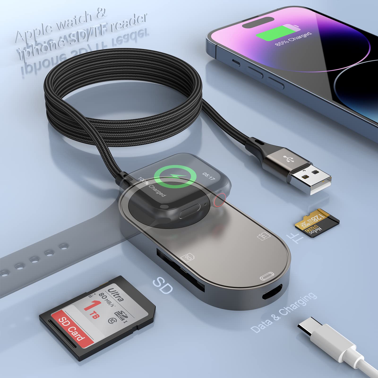 4-in-1 Apple Watch Charger+SD/TF Card Reader for iPhone/iPad,4FT