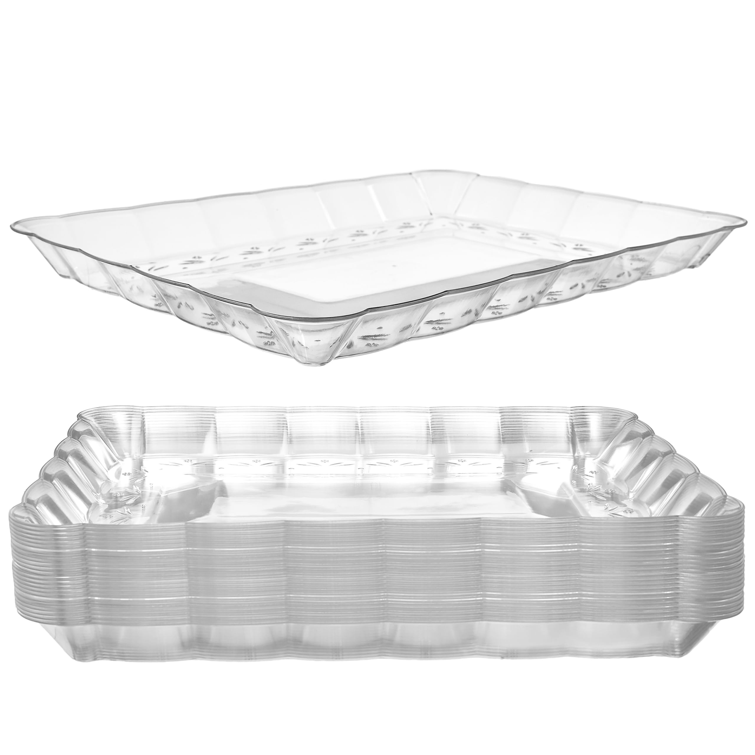 Photo 1 of (USED/FAIR) Prestee 24 Plastic Serving Trays 9x13 Inches Rectangular Disposable Serving Trays and Platters for Parties, Clear Plastic Tray for Food, Trays for Serving Food, Party Platters and Trays, 24pk