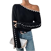 WDIRARA Women's Pearls Beaded One Cold Shoulder Sweater Long Sleeve Asymmetrical Knit Top