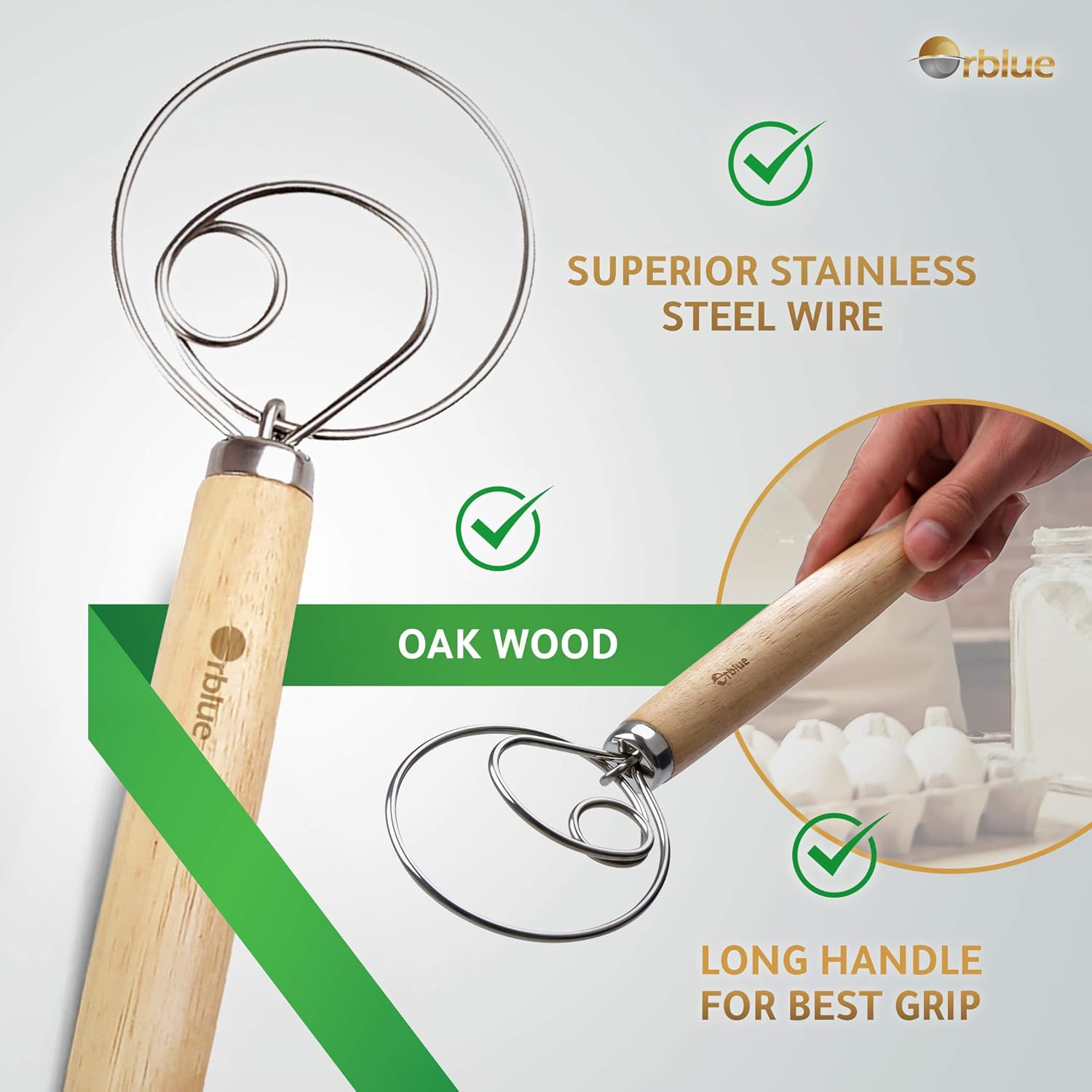 ORBLUE 13.5″ Danish Dough Whisk Large Dutch Dough Whisk Hand Mixer