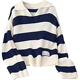 WDIRARA Girl's Striped Sweater Collar Long Sleeve Pullover Letter Patched Knitted Top