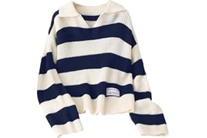 WDIRARA Girl's Striped Sweater Collar Long Sleeve Pullover Letter Patched Knitted Top